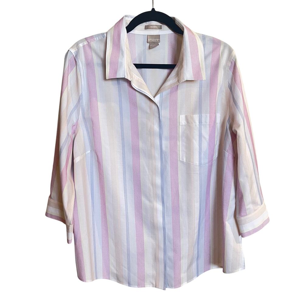 Chico's Blouse No Iron Stripe Button Down Pastel‎ Stripe Size 3 (US XL, 16/18)